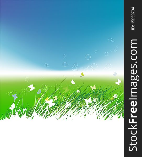 Green field with butterflies, summer background, vector illustration