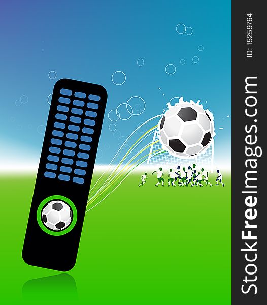 Football players on field, soccer ball and control console
