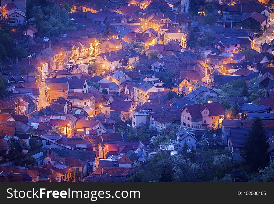 Aerial panorama of Brasov at dawn