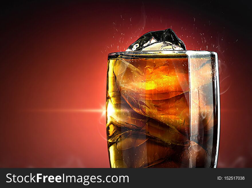 Soft drink glass with ice splash on cool smoke background. Cola glass with summer refreshment