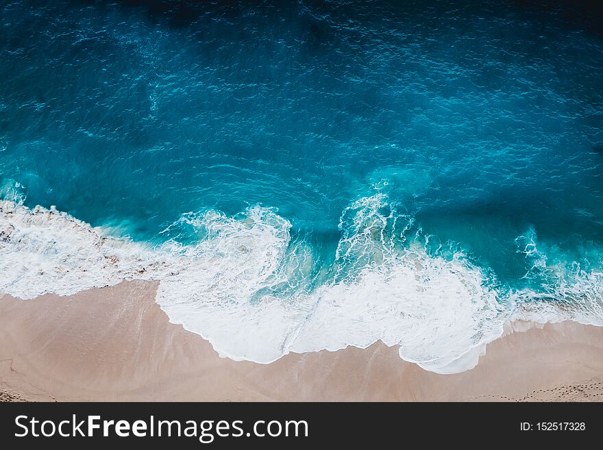 Wild beach, top view, waves