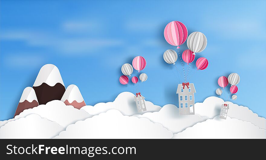 Concept and the loan to purchase the home as a gift. and there are the houses that are being floated by balloons above the clouds. and origami or paper cut style design.and illustration or background.