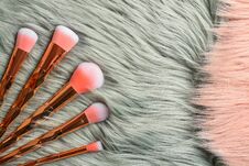 Set Of Professional Makeup Brushes On Furry Fabric, Flat Lay Royalty Free Stock Photos