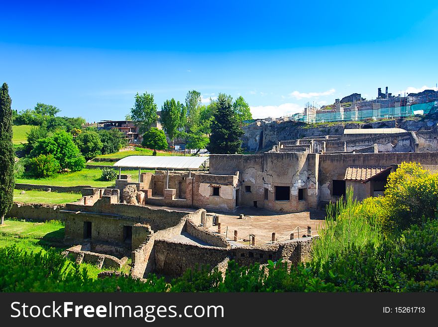 Historic ruined buildings with trees in Pompei