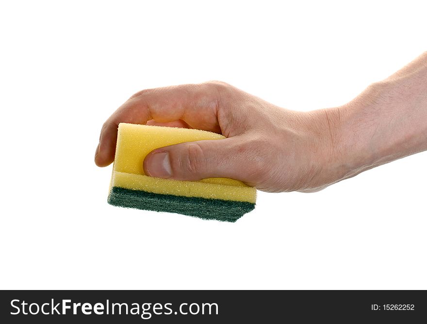 Hand with a sponge isolated over white