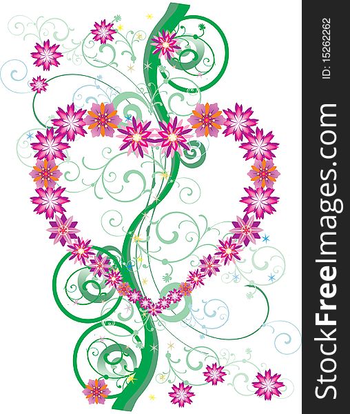 Illustration with pink flower heart and green curls
