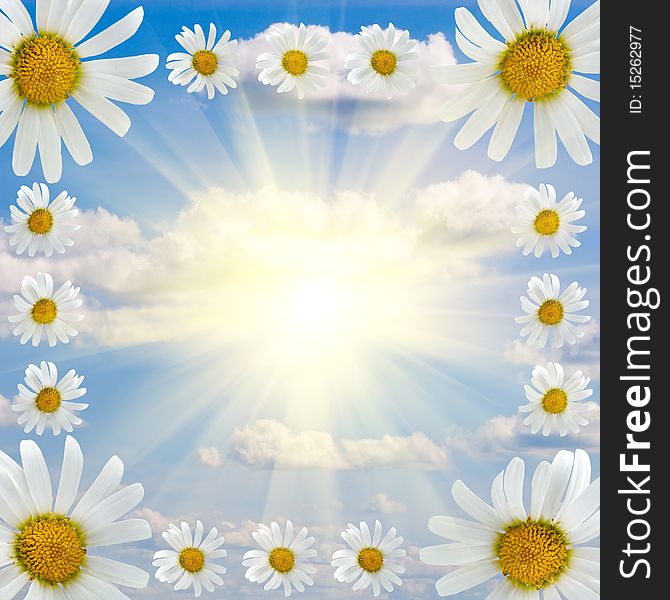 Frame of flowers on a background of cloudy sky and sun