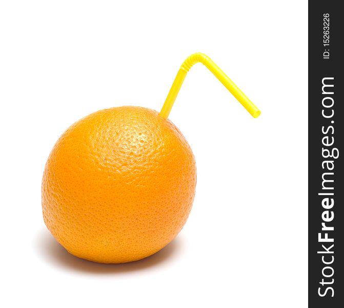 Orange with yellow drinking straw it is isolated on a white background. Orange with yellow drinking straw it is isolated on a white background.