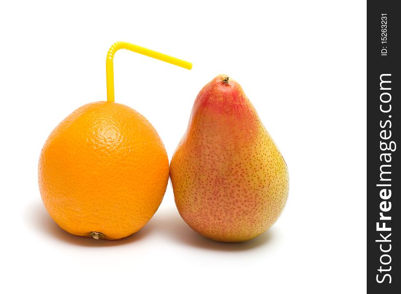 Orange with yellow drinking straw and a pear on a white background. Orange with yellow drinking straw and a pear on a white background.