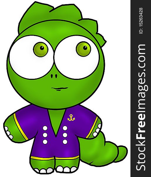 Green baby dragon in a purple uniform