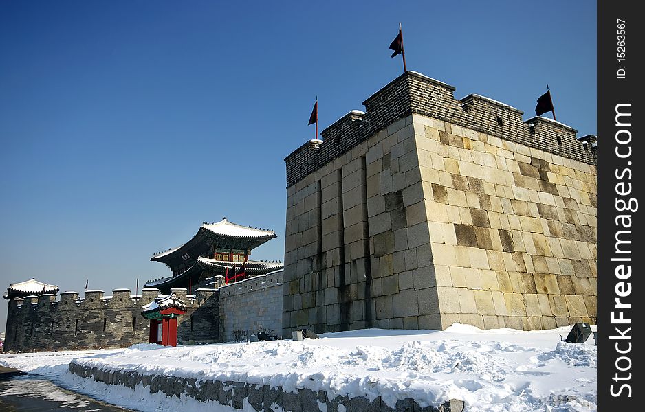 Hwaseong Fortress in the snow, Suwon, South Korea. Hwaseong Fortress in the snow, Suwon, South Korea.