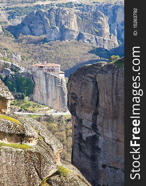 Spring landscape of the Rousanou monastery at Meteora in Greece.