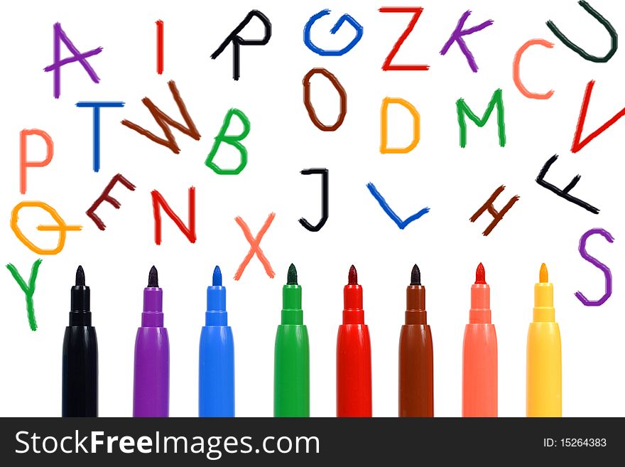 Set of felt-tip pens of different colors and letters isolated on white