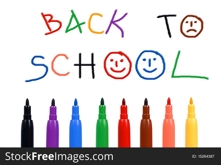 Set of felt-tip pens of different colors and text- back to school isolated on white