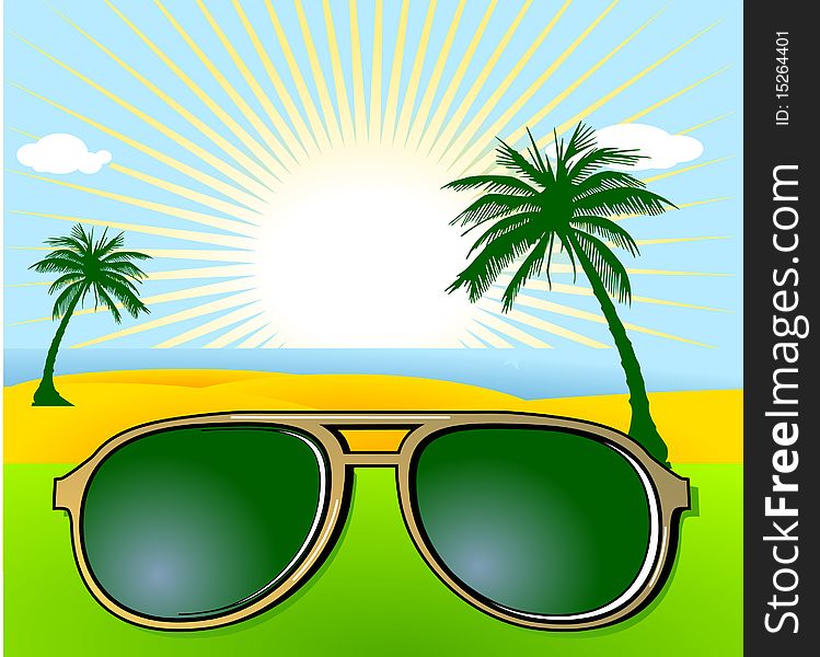 Holiday and sunglasses, coast and palm-trees