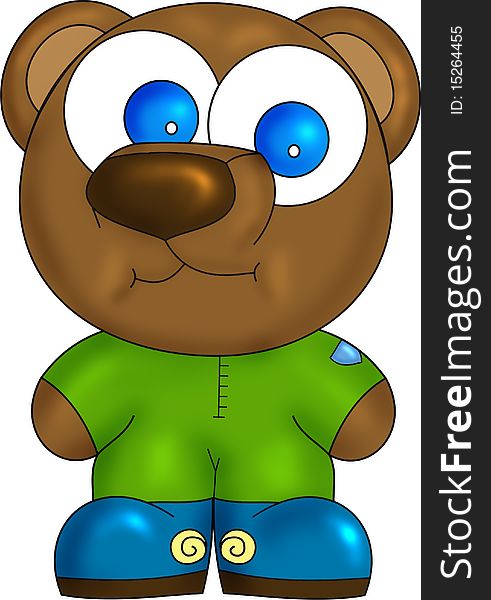 Brown bear in a green shirt and blue shoes