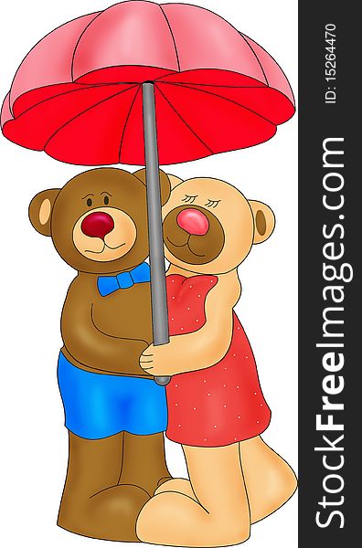 Two Bears under a red umbrella on a white background