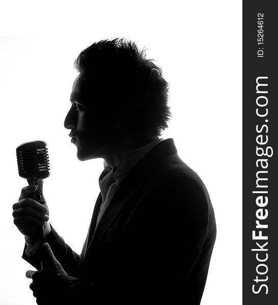 Black and white photo of singing man. Black and white photo of singing man