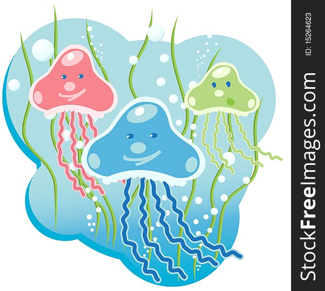 Illustration, three varicoloured medusas with turn blue sea