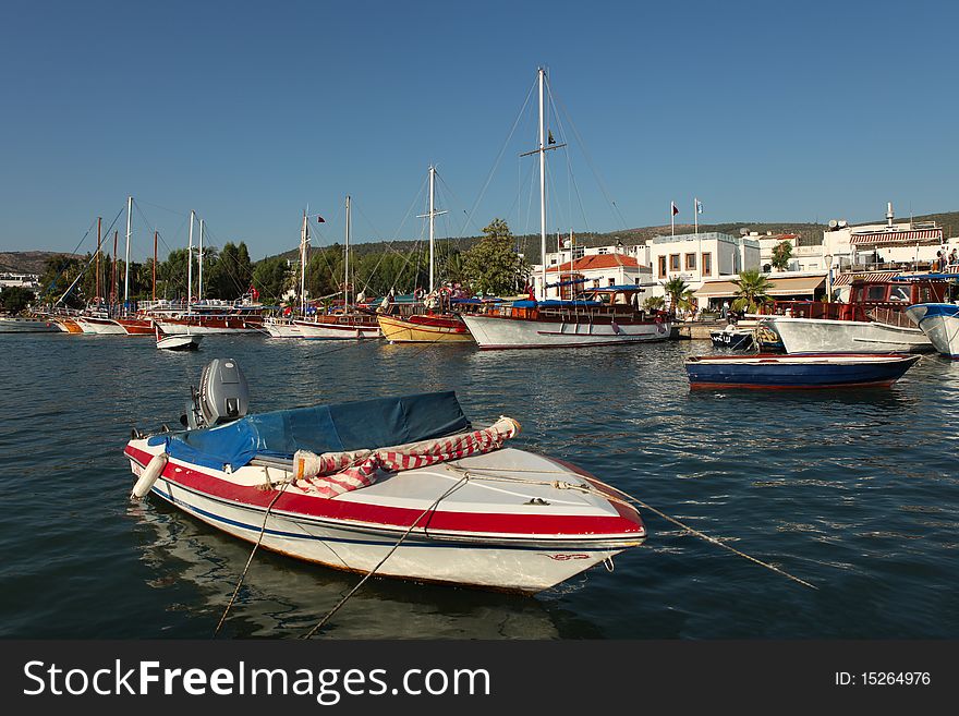 A small boat harbor in Bodrum, Turkey.