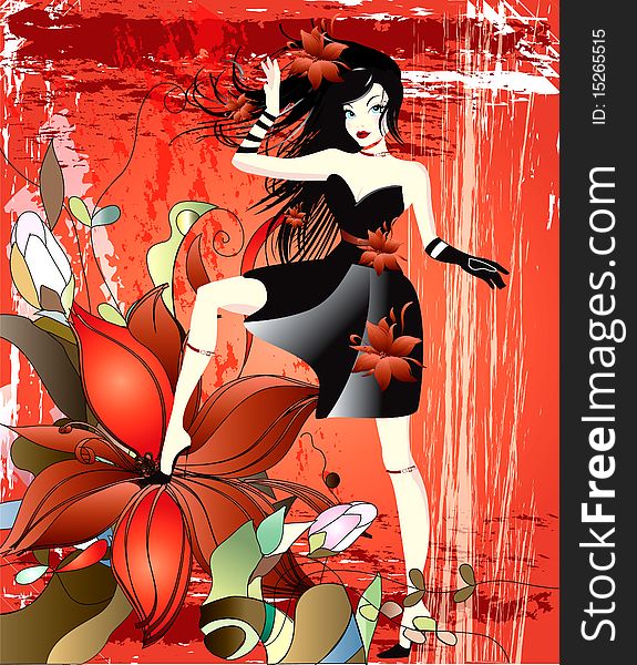 Illustration of a beautifull girl in a black dress on a red background. Illustration of a beautifull girl in a black dress on a red background