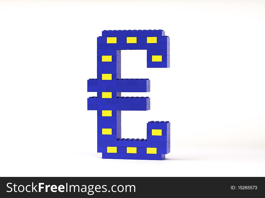 A blue and yellow Euro symbol constructed from toy bricks and shot against a white background at an angle to show it's 3D nature.  The design incorporates the Eureopean flag. A blue and yellow Euro symbol constructed from toy bricks and shot against a white background at an angle to show it's 3D nature.  The design incorporates the Eureopean flag.