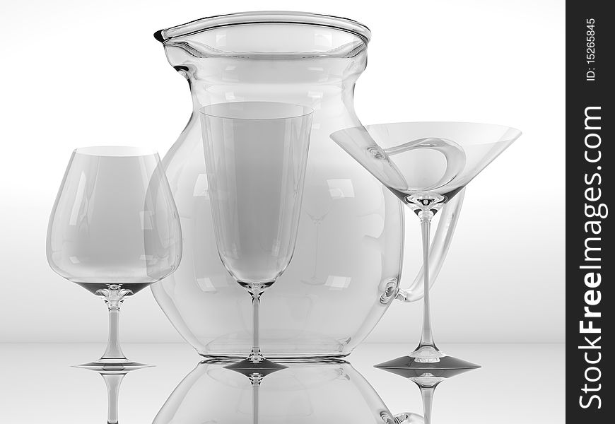 Pure glass collection with jug for drinks with reflection