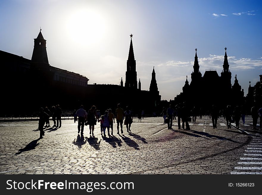 Silhouette of a people on Red Square in Moscow, Russian Federation. National Landmark. Tourist Destination.