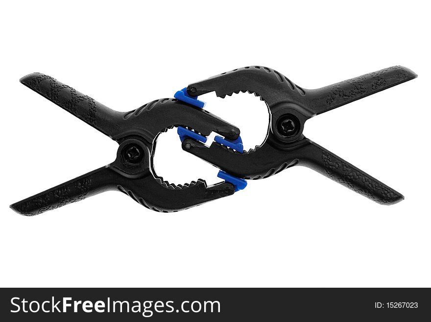 Two clamps with blue teeth. Composition on white background