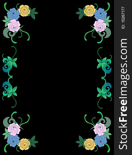 Frame of flowers and leaves on black background