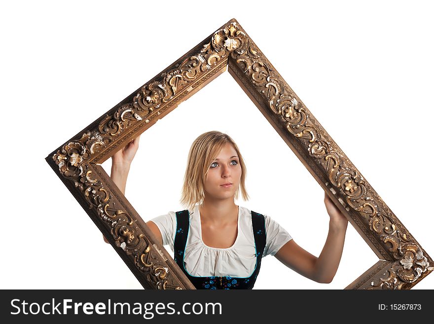 Bavarian girl with a frame isolated