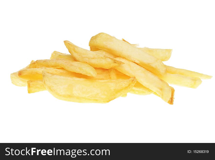 Fried chipped potatoes isolated on white. Fried chipped potatoes isolated on white