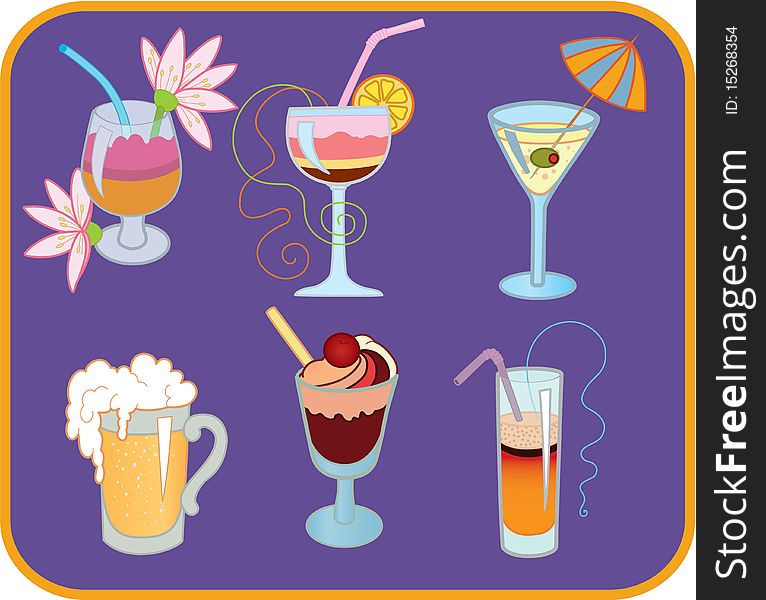 Icon set of four cocktail, latte  and beer on purple background. Icon set of four cocktail, latte  and beer on purple background