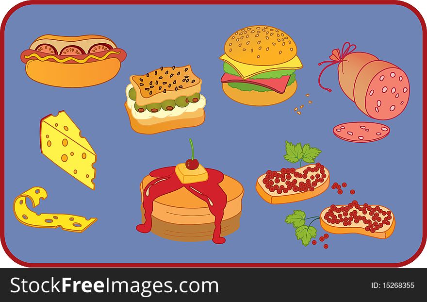 Icon set of ten snack items on blue background. Icon set of ten snack items on blue background