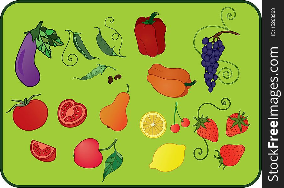 Icon set of fresh fruits and vegetable in green background. Icon set of fresh fruits and vegetable in green background