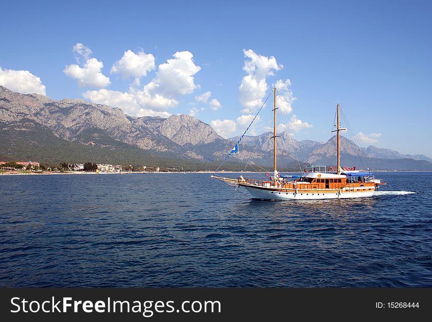 Yacht on the background of the shore in Turkey