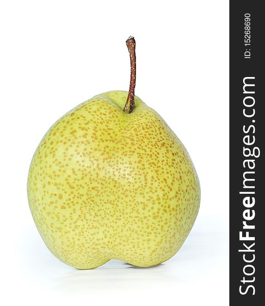 Single yellow pear on white background