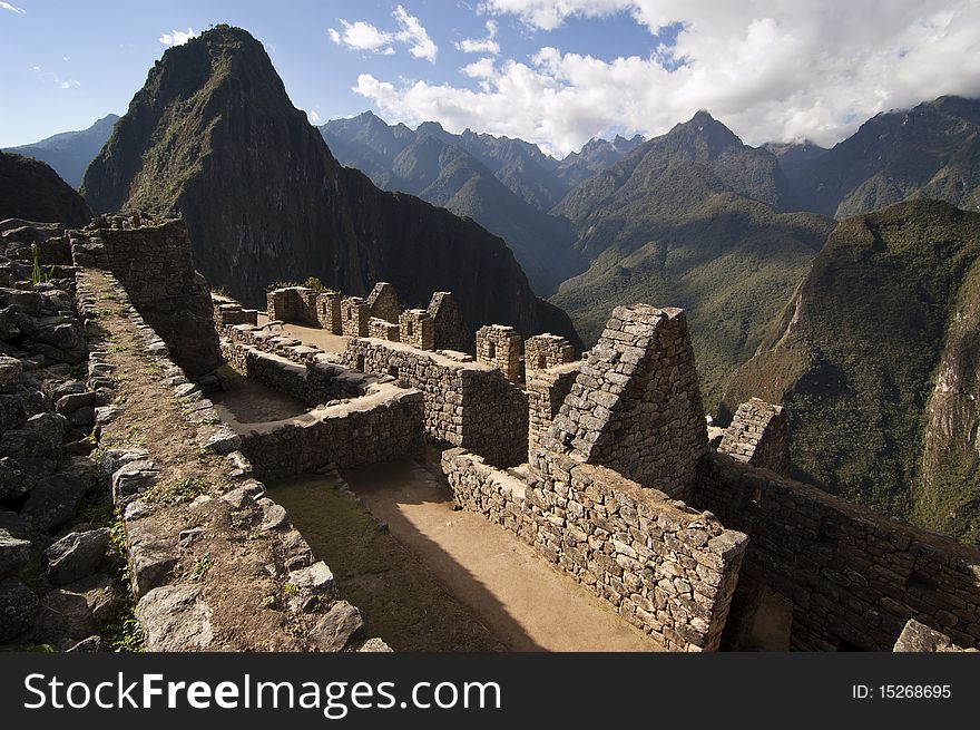 Detail of Machu Picchu with Huayna Picchu in background.