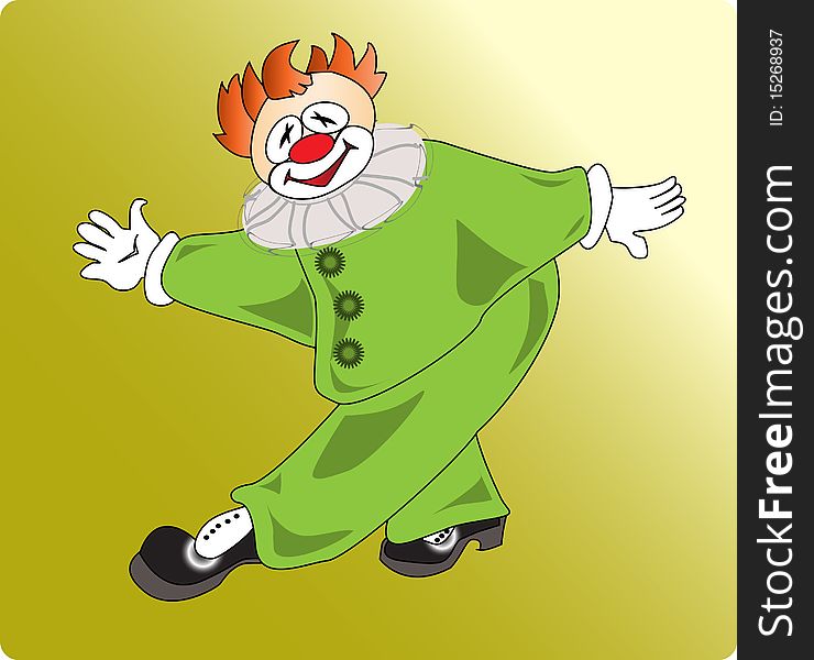 Red clown green suit cheerfully bows bows. Red clown green suit cheerfully bows bows