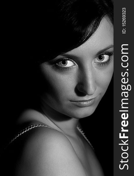 Black and White portrait of teenage girl with big eyes. Black and White portrait of teenage girl with big eyes