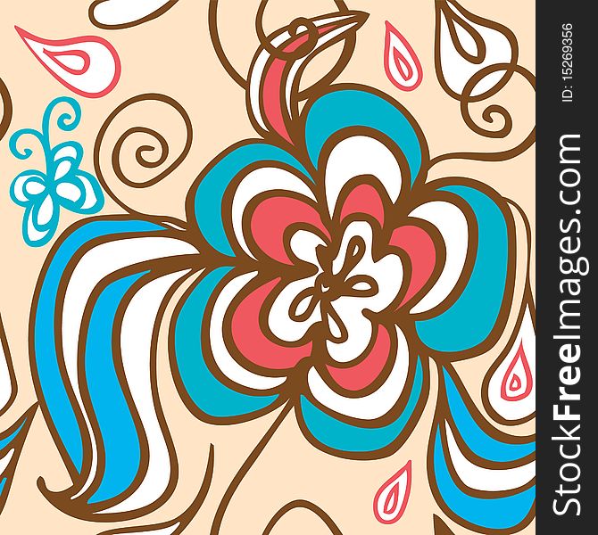 Abstract Flower seamless background doodle with butterfly