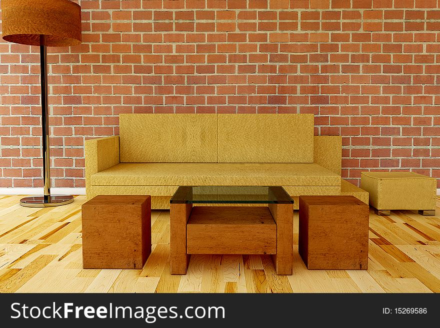 Leather Couch with table on a brick wall