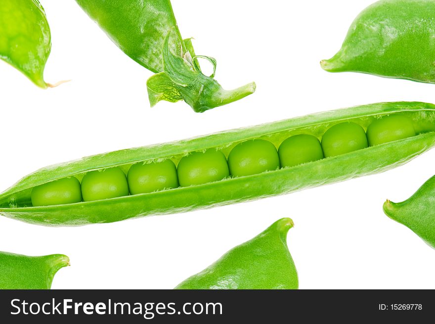 Fresh green pea pod isolated on white background