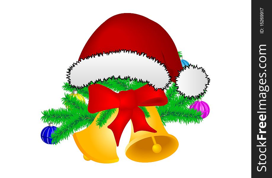 Two Christmas hand bells with spheres with a red tape on green fur-tree to a branch it is isolated on a white background