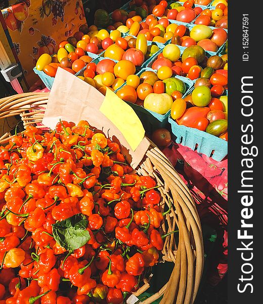 Fruit market with various colorful fresh fruits and vegetables