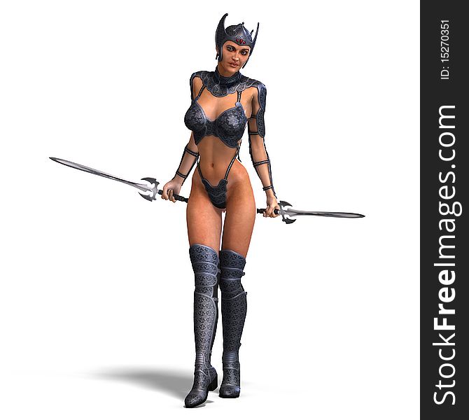 Female amazon warrior with sword and armor. 3D rendering with clipping path and shadow over white