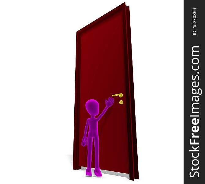 Symbolic 3d child toon character opens the door. 3D rendering with clipping path and shadow over white