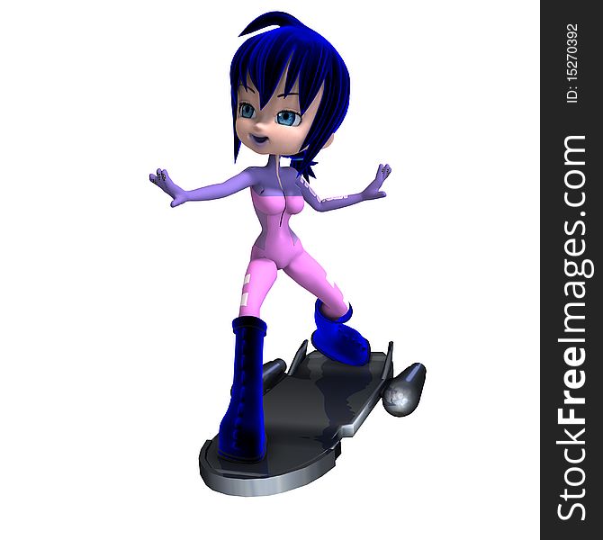 Cute cartoon astronaut with blue hair and boots. 3D rendering with clipping path and shadow over white