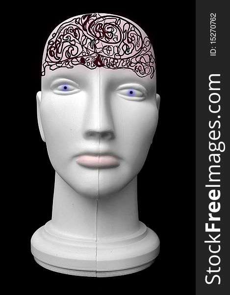 Front view of a mannequin dummy head isolated on a black background. Front view of a mannequin dummy head isolated on a black background.