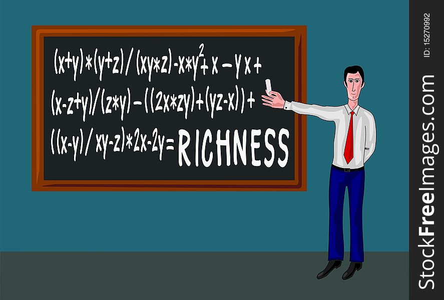 Man in a classroom with blackboard and richness formula. Man in a classroom with blackboard and richness formula